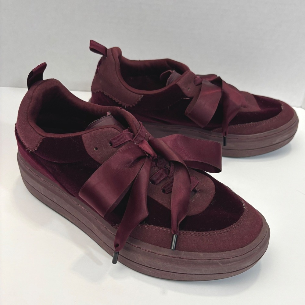 Zara Burgundy Velvet Platform Sneakers Womens 37 (6.5) Satin Ribbon Lace Up EUC